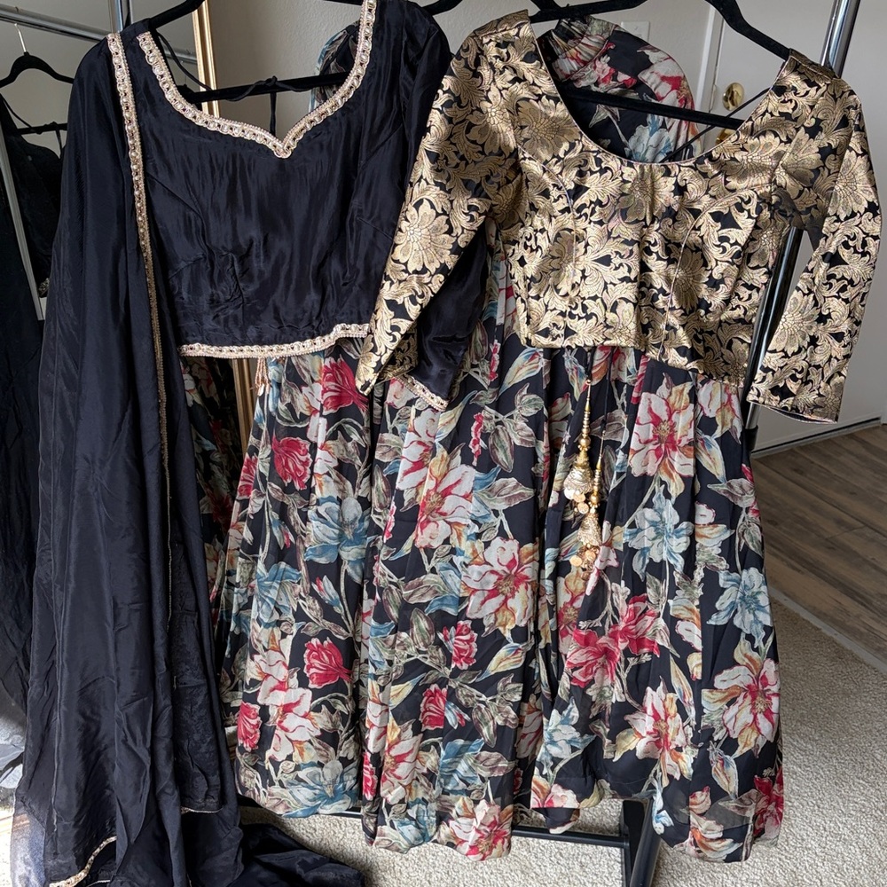 Brand new with 2 tops Black and Gold Floral Outfit lehengas Dupatta 4 piece set